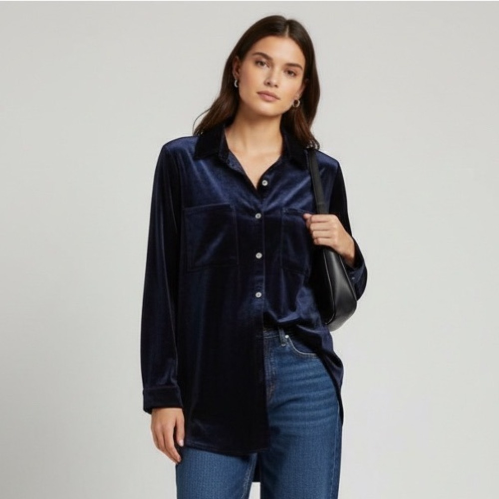 Y2K Deep Navy Velvet Longline Shirt Pocket Downtown Going‑Out Top S Quiet Glam